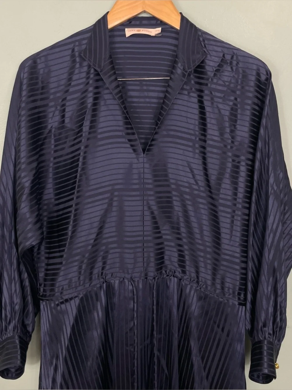 Tory Burch Striped Long Sleeve Drawstring Silk Blend Midi Dress‎ Navy Blue XS